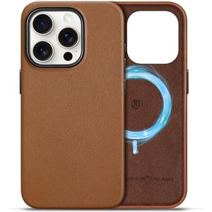 SHIELDON Case for iPhone 15 Pro 5G 6.1", Genuine Leather - Magnetic Wireless Charging - Slim Fit - Non-Slip - Metal Button - Shockproof Protective Case Compatible with iPhone 15 Pro - Saddle Brown