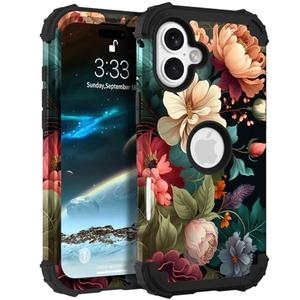 PIXIU Unique Flower Pattern Compatible with iPhone 16 Plus 6.7 inch case, Heavy Duty Dual Layer Shockproof Full-Body Protective Sturdy Hybrid Cute Rugged Case for Women,Girls,Kids