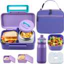 PIQUEBAR Kids Lunch Box with 8oz Thermo, Leakproof Bento Box with Insulated Bag, Kids Insulated Water Bottle, Food Lunch Container for Back to School Girls Boys, Purple