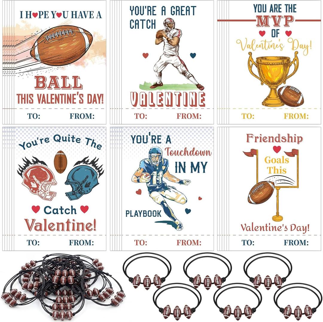 36 Set Football Valentine's Gift Cards and Bracelet for Kids Classroom Valentine's Day Exchange Gift Adjustable Sports Bracelet for Boys Girls Party Favor Prizes Supplies