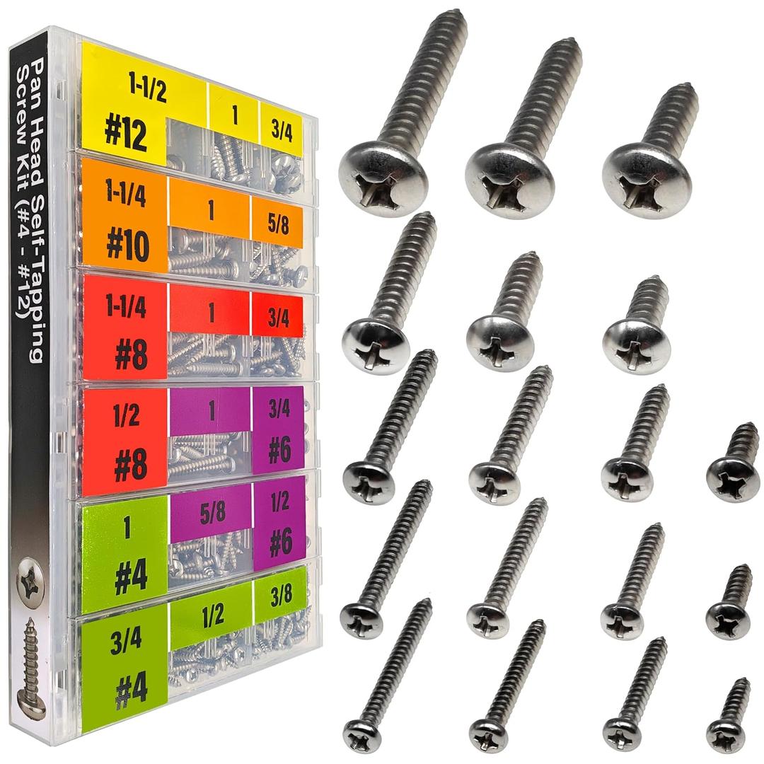 EEEEE Self Tapping Screws Assortment Set 552pcs, Assorted Screws SAE #4#6#8#10#12 304 Stainless Steel Sheet Metal Screws Kit Phillips Drive Wood Screw Assortment (SAE Pan Head 552pcs)
