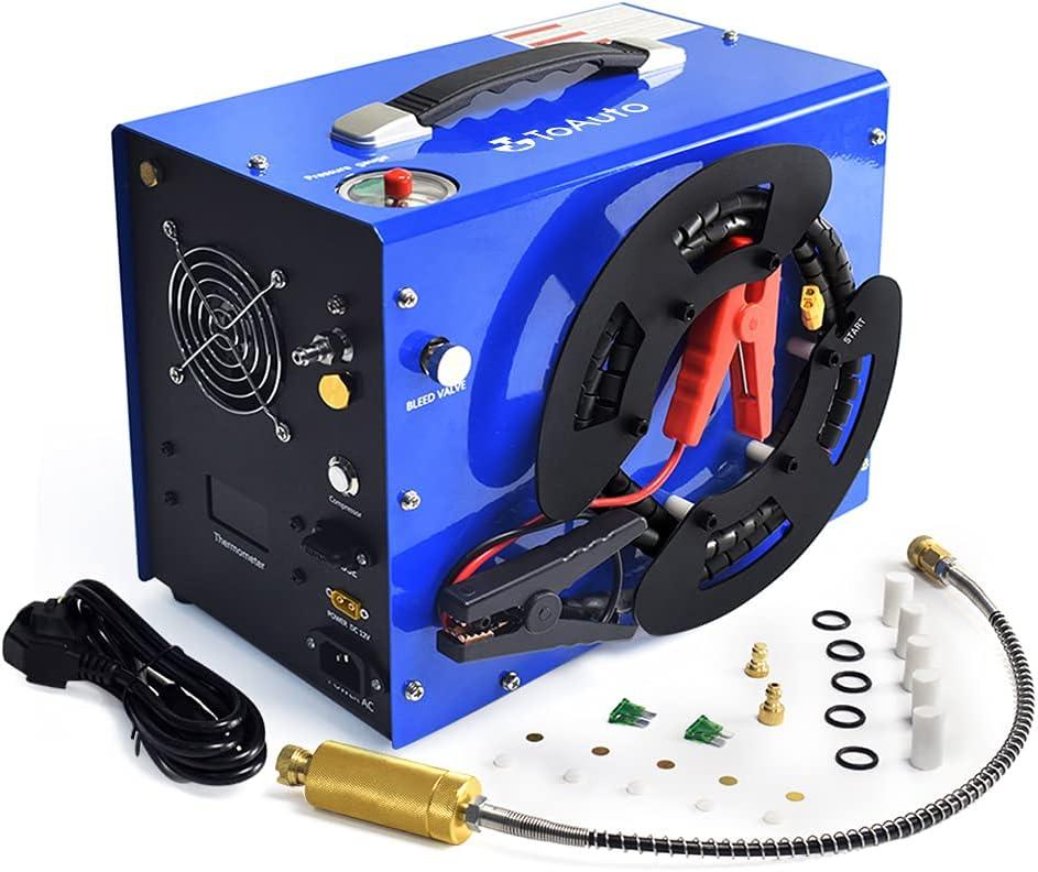 TOAUTO A3 PCP Air Compressor, Unique Vertical+Wire Spool Portable Design, Auto-Stop, Oil/Water-Free, 4500Psi/30Mpa, 8MM Quick-Connector for Paintball/PCP Air Rifle/Tank, 110V AC or 12V Car Battery