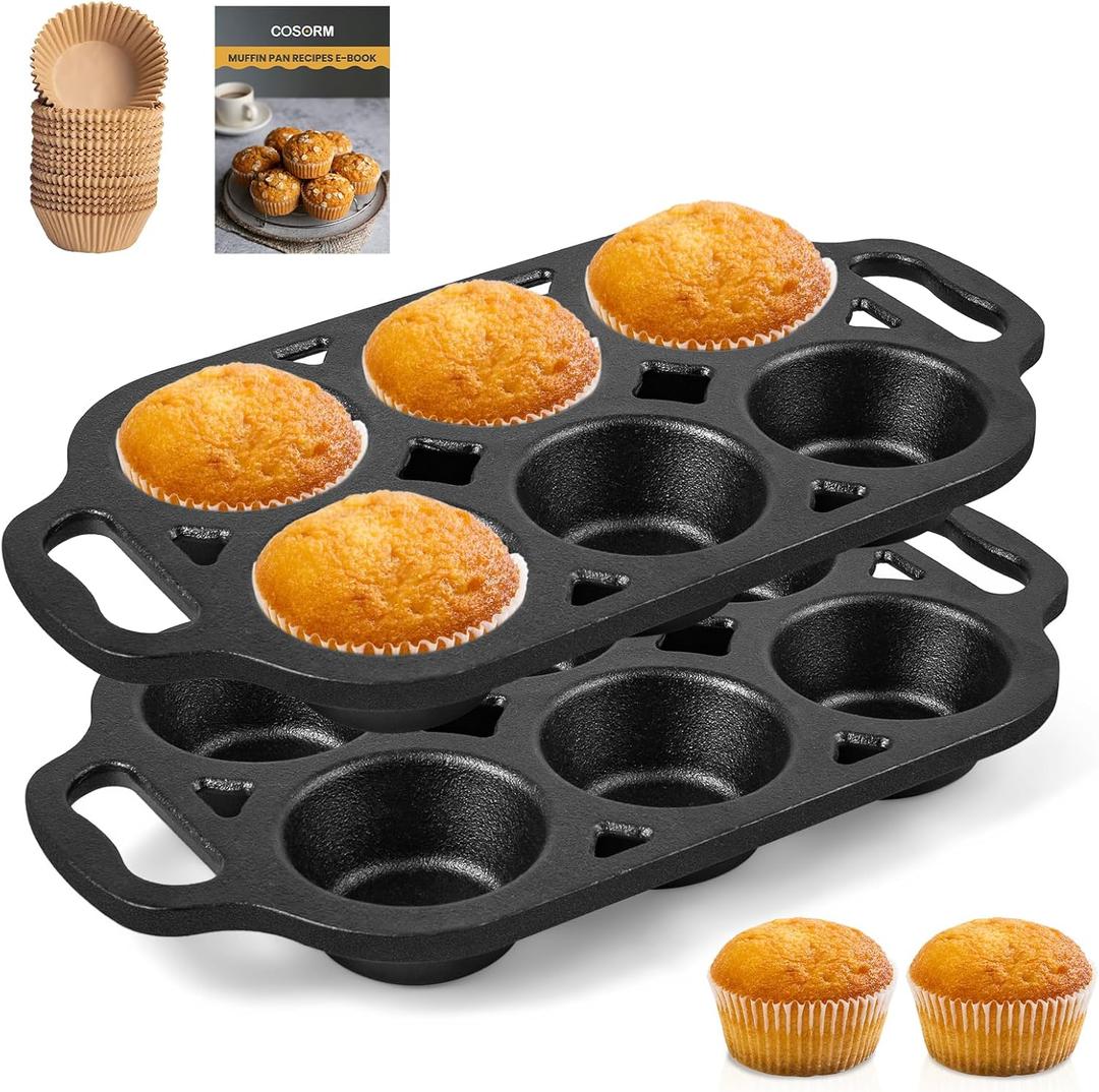 Pre-Seasoned Cast Iron Muffin Pan - 6-Cup Nonstick Cupcake Pan, 2 Piece Set
