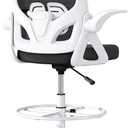 Drafting Chair, Tall Office Chair with Flip-up Arms, Mesh Ergonomic Computer Standing Desk Chair with Adjustable Height Foot Ring and Lumbar Support, 300 LBS Capacity, White