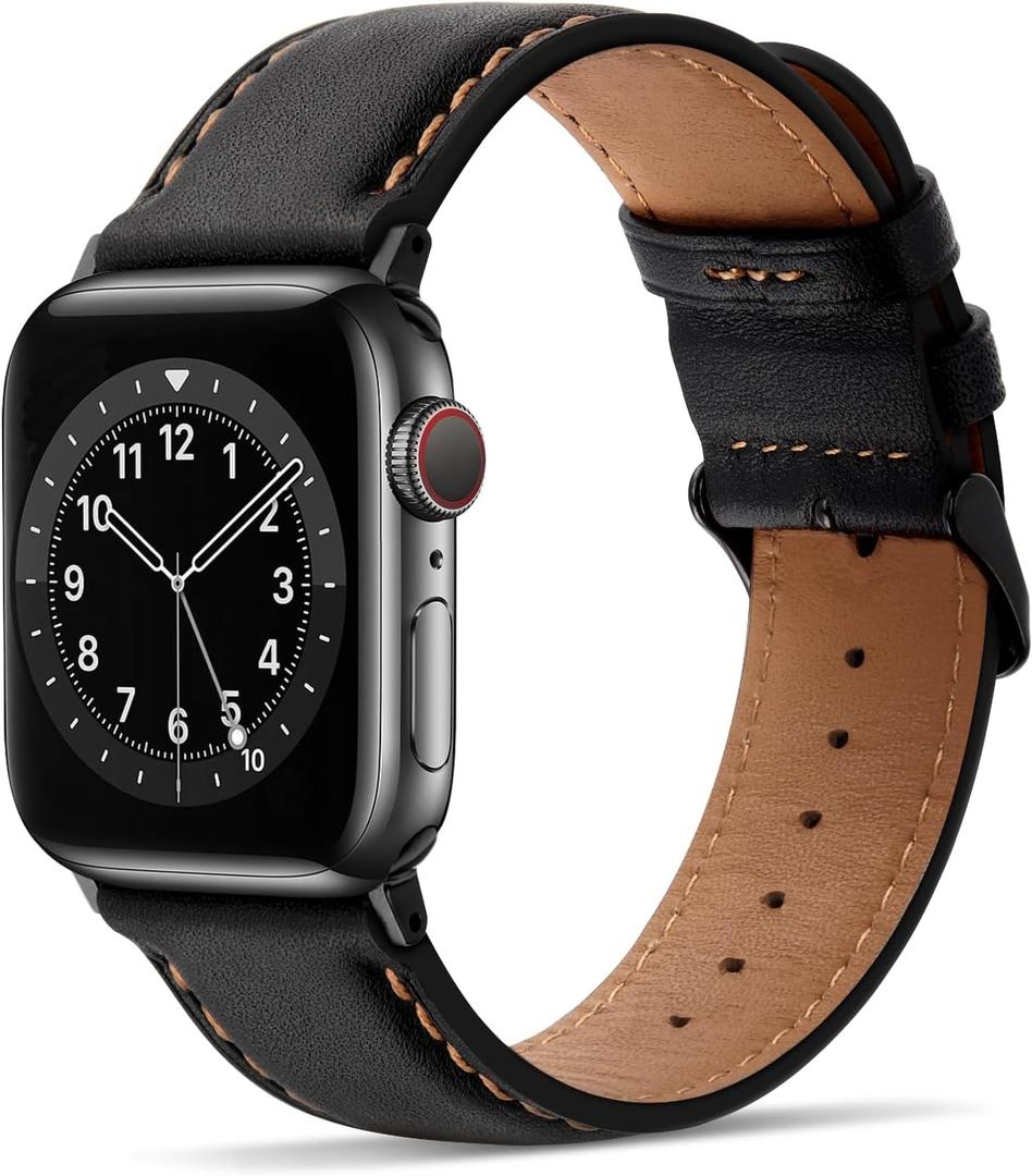 Tasikar Bands Compatible with Apple Watch Band 41mm 40mm 38mm Premium Genuine Leather Replacement Band Compatible with Apple Watch Series 8 7 (41mm) SE 6 5 4 (40mm) 3 2 1 (38mm) - Black