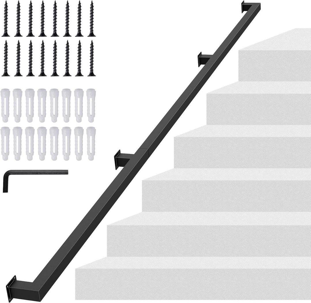 8FT Square Tube Handrail,Wall Mount Staircase Handrail Modern Pipe Stair Industrial Stair Rail for Indoor Outdoor Steps,440lbs Load,Carbon Steel Non-Slip Grab Handle for Loft Porch 3 Sections