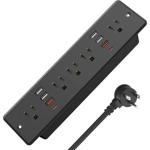 HHSOET 45W Fast Charging Recessed Power Strip Flat Plug, 13 in 1 Furniture Outlet with USB, Conference Recessed Surge Protection Socket with 5 AC Plugs, 6 USB Ports 2 USB-C, 10ft Power Cord.(Black)