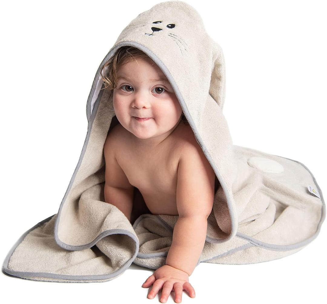 Babble Bean Premium Grey Bunny Hooded Bath Towel with Hand Pockets for Infant, Baby, and Toddler - Thick and Highly Absorbent, Plush 100% Cotton, 640 GSM, 35x35 Inches, Hypoallergenic & Eco-Friendly