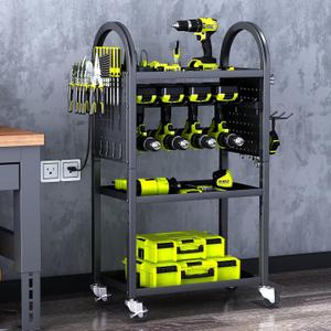 KAFAHOM Power Tool Organizer  4 Tier Rolling Tool Cart with 812 Drill Holder,Tool Storage Cart on Wheels  Heavy Duty Metal Utility Tool Shelf for Garage, Workshop, Warehouse & Repair Shop