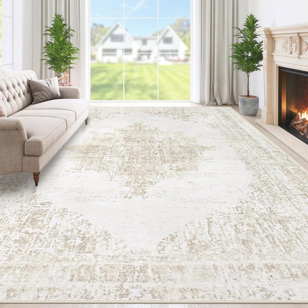 Area Rug 8x10 Washable Rugs: Large Living Room Rug Vintage Medallion Rugs Low Pile Distressed Indoor Retro Carpet for Bedroom Kitchen Dining Room Home Office (Beige, 8' x 10')
