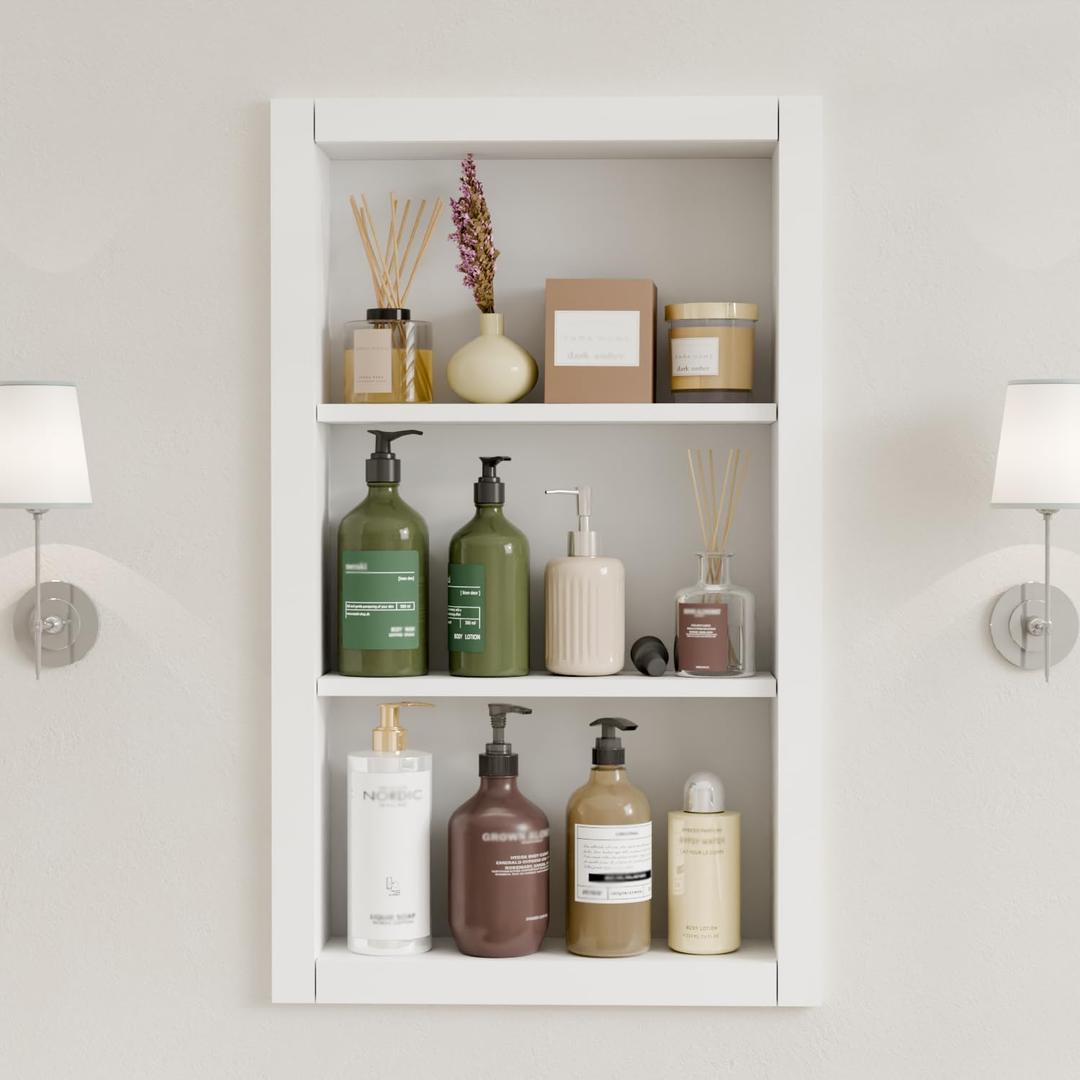 HAIDAIYA 14'' * 24'' Recessed Medicine Cabinet Wall Niche Wood, 3-Tier Bathroom Niche Insert for Drywall, in Wall Shelf Medicine Cabinets Replacement, for Living Room, Bathroom Storage, White