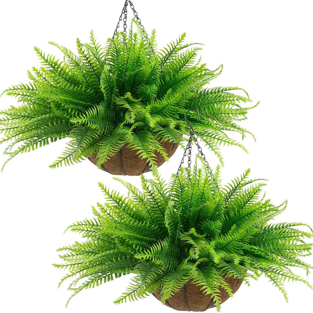 Lovemoon Fake Ferns Plant Baskets,2PCS Artificial Hanging Plants,2 Hanging Planters with 24 Pcs Leaves for Indoor Outside Decorations for Front Porch Garden Balcony Patio Home Decor (2, Light Green)