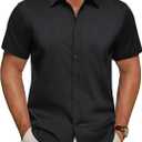 Men's Short Sleeve Dress Shirts Stretch Stain Shield Business Casual Button Down Shirts Solid Formal Wedding Tops (Black, L)