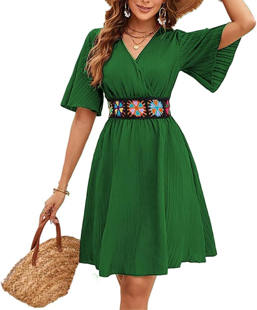 TDiooCor 2026 Casual Short Summer Bohemian Dresses for Women Casual Flowy Puff Sleeve Knee Length Midi Sun Dress (XL)