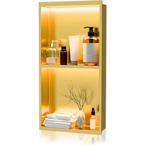 Vercraft 24 x 12 Inch LED Light Shower Niche Stainless Steel Niche No Tile Needed with Light Double Layer Recessed Wall Niche Insert Shower Niche Shower for Bathroom Storage(Gold)
