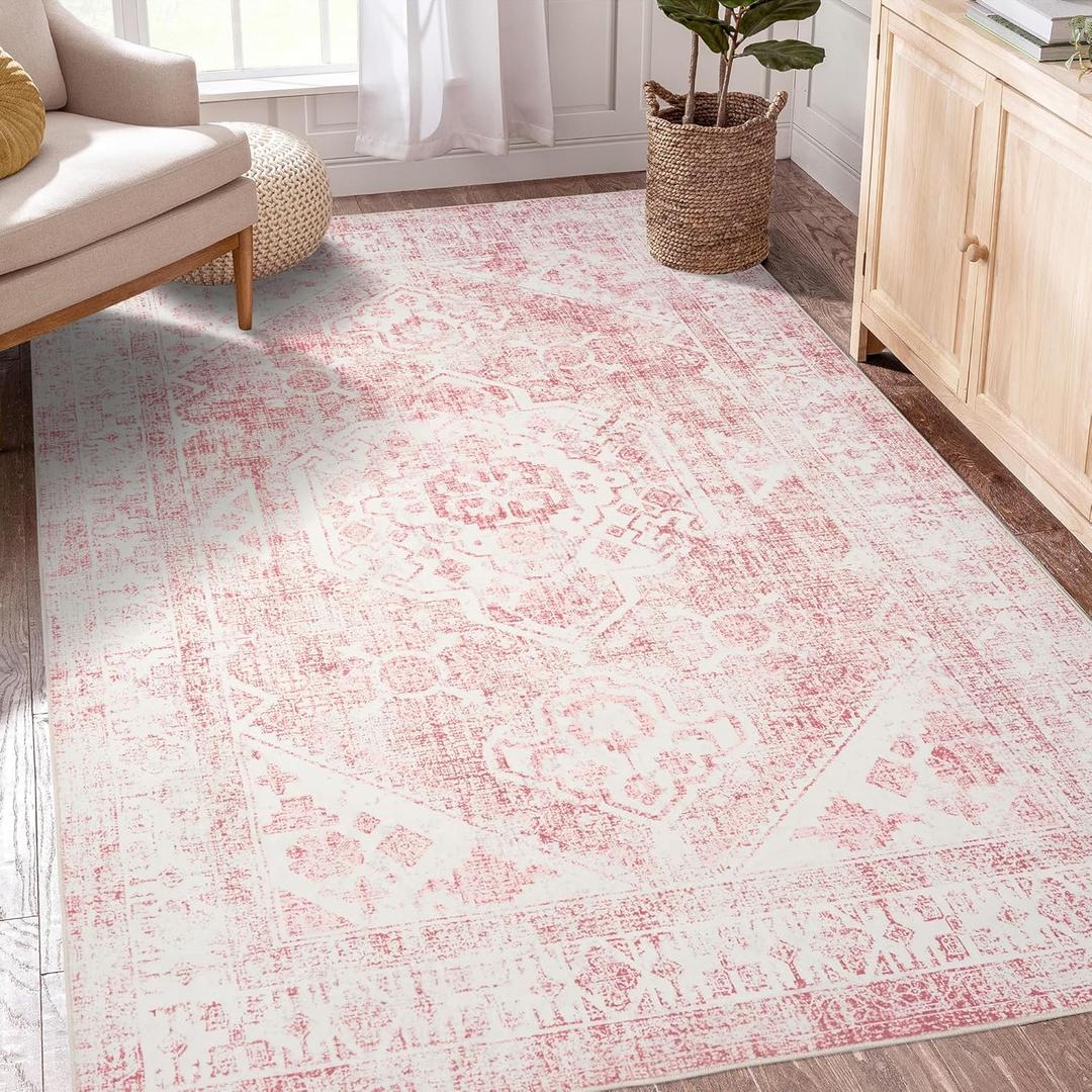 5x7 Washable Pink Area Rug, Upgraded Denser Surface Vintage Rugs, Honeycomb NonSlip Backing Living Room Rug, Easy Care Foldable Rugs for Living Room Bedroom Kitchen Dinning Room Home Office