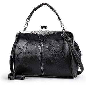 Women Vintage Hollow Handbag Oil Leather Shoulder Crossbody Bag Clutch Satchel Purse with Kiss Lock Closure (Black)