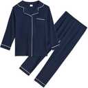 Aablexema Unisex Kids Pajamas Set Button-Down Long Sleeve Cotton Sleepwear Lounge Set(Navy,160/6-7y)