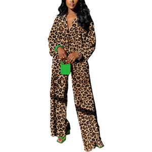 kaimimei Casual 2 Piece Outfit for Women - Linen Long Sleeve Button Down Shirt + Flare Pleated Wide Leg Pants Sets Streetwear (X-Large, Leopard)