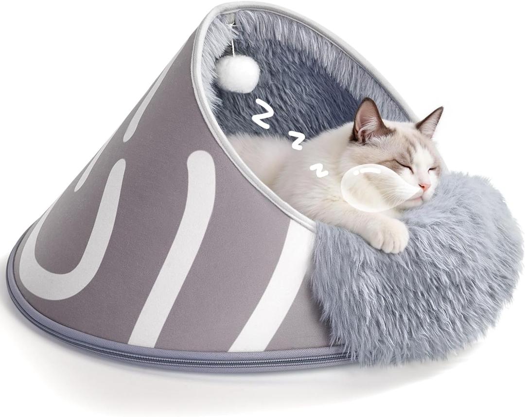 BurgeonNest 20-Inch Round Cat Bed Cave, Enclosed Hooded Pet House for Indoor Kittens, Anti-Collapse EVA Shell with Cord Access for Heating Pad, Washable Soft Plush, Grey