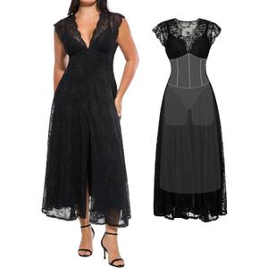 Popilush Women's Lace Formal Cocktail Sleeveless V Neck Maxi Shapewear Dress Wedding Guest Mother of Bride Split Dresses (Black, L)
