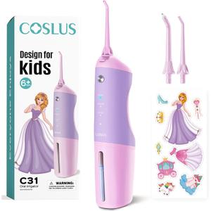 COSLUS Kids Water Dental Flosser Deep Cleaning Picks Portable 4 Modes for Ages 6+ Safe Waterproof Rechargeable with 4 Jet Tips for Gums Care Pink Purple