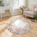 Wonnitar Washable 4ft Round Area Rug, Camellia Floral Living Room Rugs for Bedroom Girls, Low Pile Soft Flower Throw Carpet for Kids Nursery Room (Beige,4ft Round)