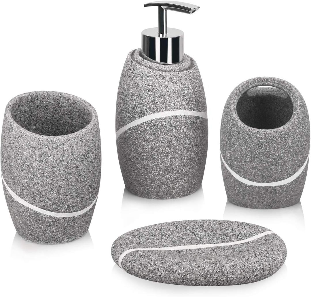 Bathroom Accessory Set of 4, Bathroom Decor Accessories Complete Set Vanity Countertop Accessory Set, Includes Bathroom Soap Dispenser Set, Toothbrush Holder Set, Tumbler, Soap Dish, Grey Granite