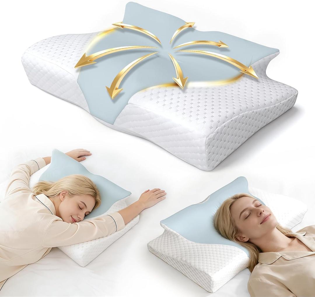 Cervical Neck Pillow for Neck Pain Relief,Ergonomic Side Sleeper Pillow,Sleep Apnea Pillow,Contour Adjustable Orthopedic Bed Pillow for Side, Back & Stomach Sleepers (Light Blue, Queen, Memory Foam)