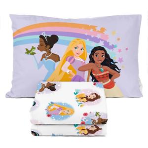 Sunny Side Up Disney Princess Twin Sheet Set - 3 Piece Kids Bedding Set Includes Pillow Cover  Super Soft Rainbow Microfiber Sheets Features Moana, Belle & Rapunzel