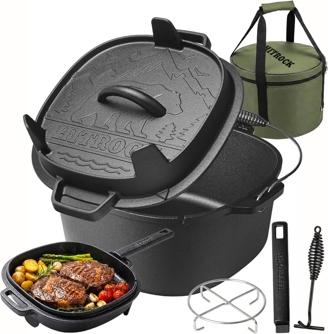 HITROCK Cast Iron Camp Dutch Oven 5QT, Pre-Seasoned Camping Dutch Oven with Lid, Flat Bottom Outdoor Pot with Lid Lifter,Pot Stand, Storage Bag & Handle for Camping, Baking, Grilling, Rounded-square Shape