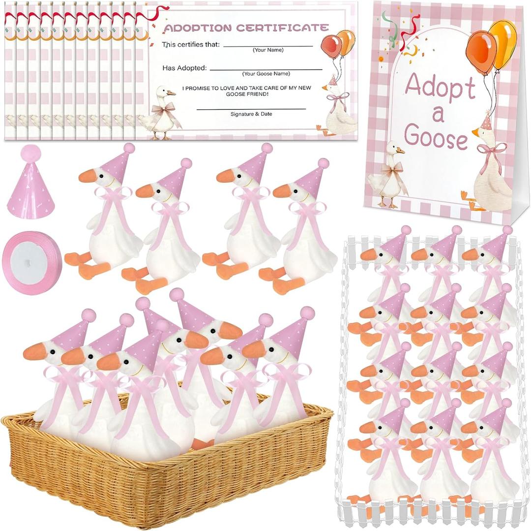 39 Pcs Adopt a Silly Goose Party Favor Include 12 Silly Goose Stuffed Animal 12 Mini Hat 12 Adoption Card 1 Adoption Sign 1 Ribbon 1 Fence for One Silly Goose Baby Shower Party 1st Birthday Decoration