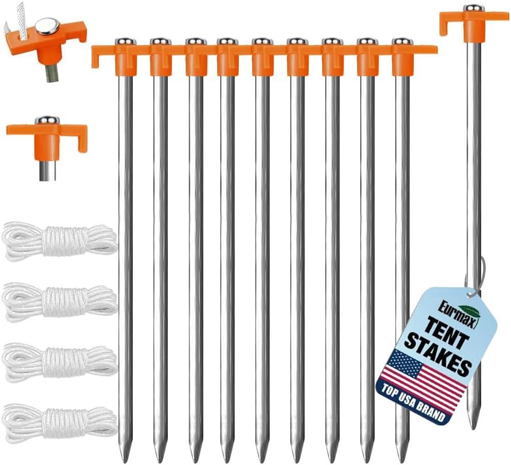Eurmax USA 10-Pack Secure Protection Galvanized Tent Stakes,Rust-Proof Steel Canopy Anchors for High Winds,Heavy Duty Commercial Ground Pegs for Camping,Pop Up Tents&Gazebos - Includes 4x10ft Ropes