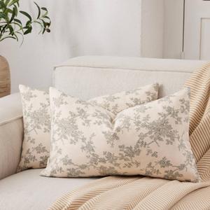 100% Cotton French Pastoral Lumbar Throw Pillow Covers Set of 2, 12x20 Inch Double Sided/Green, Farmhouse Decorative Cushion Covers for Sofa Bed Living Room Home Decor