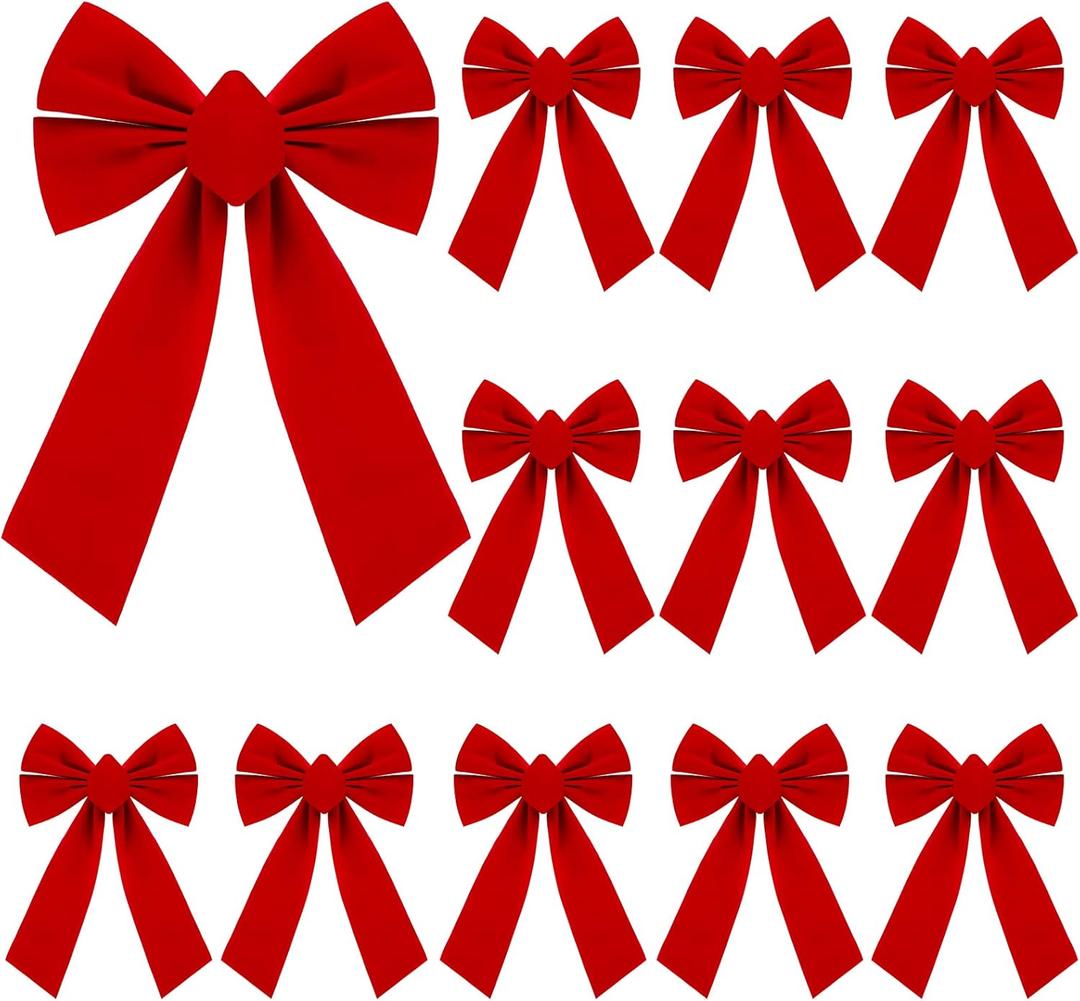 Sggvecsy 12 Pcs Christmas Red Bow Christmas Wreath Bows Christmas Velvet Bows Large Xmas Tree Ornaments Xmas Decoration Handmade Crafts for Home Outdoor Indoor Party (9.8 x 15.7 Inches)