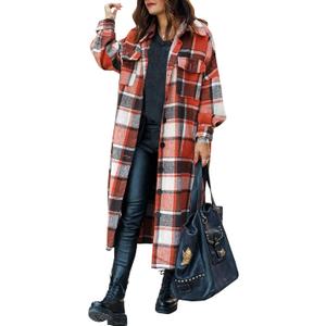 SKIKYAN Women Fall Flannel Plaid Shacket Jacket Oversized Button Down Long Shirt Jacket (XX-Large, Orange)