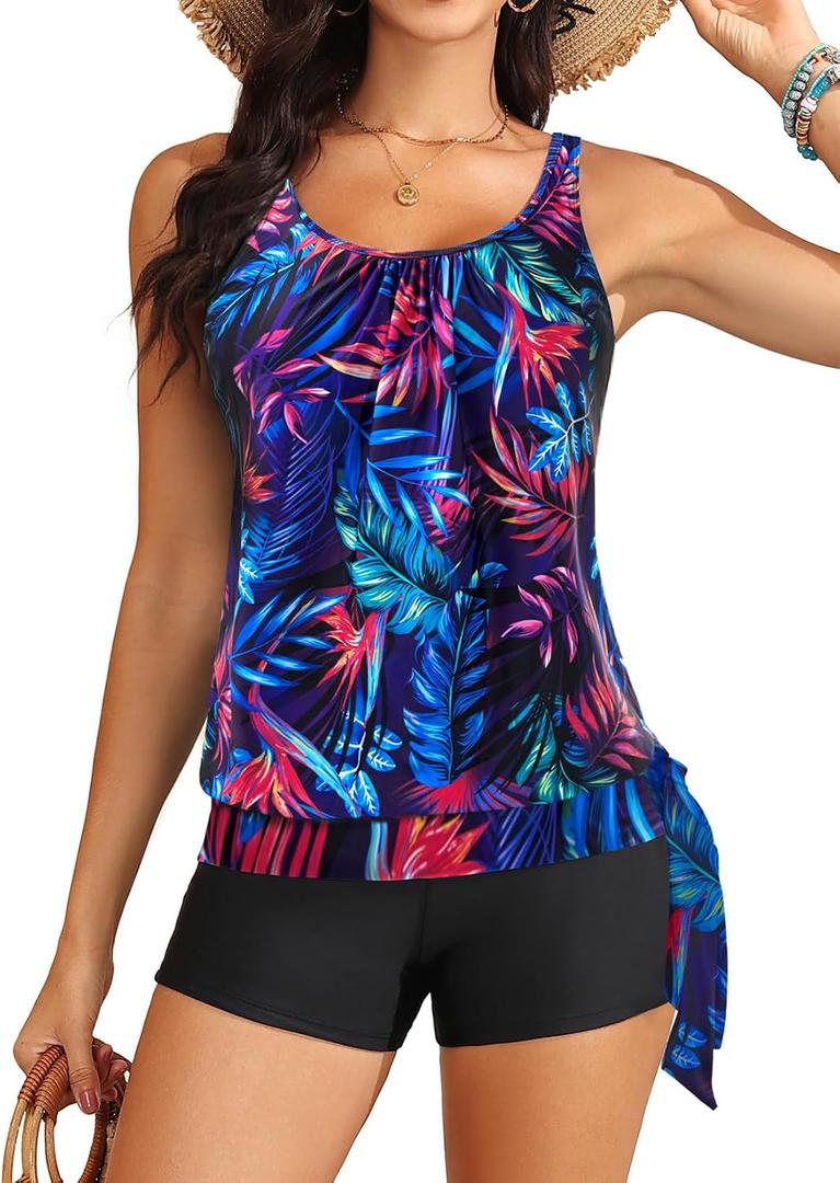 Yonique 2 Piece Swimsuit for Women Blouson Tankini Top with Shorts Tummy Control Bathing Suit (L)