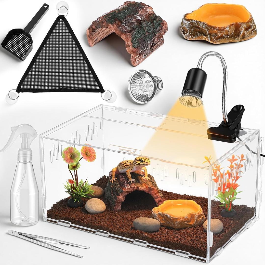 Kathfly 13 Pcs Mini Reptile Terrarium Starter Kits, 12x8x6'' Insect Amphibians Reptile Tank Insect Habitat Cage Acrylic Tank Hidden Shell Heat Lamp Hammock and Other Accessories for Fish Turtle Spider
