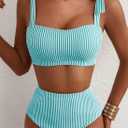 Herseas Women's Tie Shoulder Bikini Sets 2 Piece Striped Swimsuits High Waisted Bathing Suits (Blue, L)
