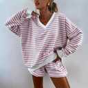 Melliflo Women 2 Piece Outfits Lounge Sets Striped Print Long Sleeve V Neck Sweatshirt and Shorts Set Sweatsuit (XL)