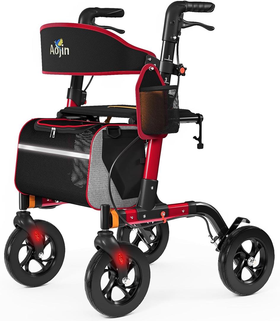 Walkers for Seniors, Rollator Walker with Seat, 350 lb Weight Capacity, 18" Big Seat, 8" All-Terrain Wheels, 6-Level Adjustable Height, Lightweight Aluminum Frame Rollator Walkers for Seniors (Red)