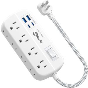 Short Extension Cord 1 ft - Flat Plug Power Strip Surge Protetor with 8 Outlets 4 USB (5V/3.4A 17W) Charging Ports, Multi Plug Wall Outlet Splitter for Home Bedroom Hotel Office Desktop Accessories