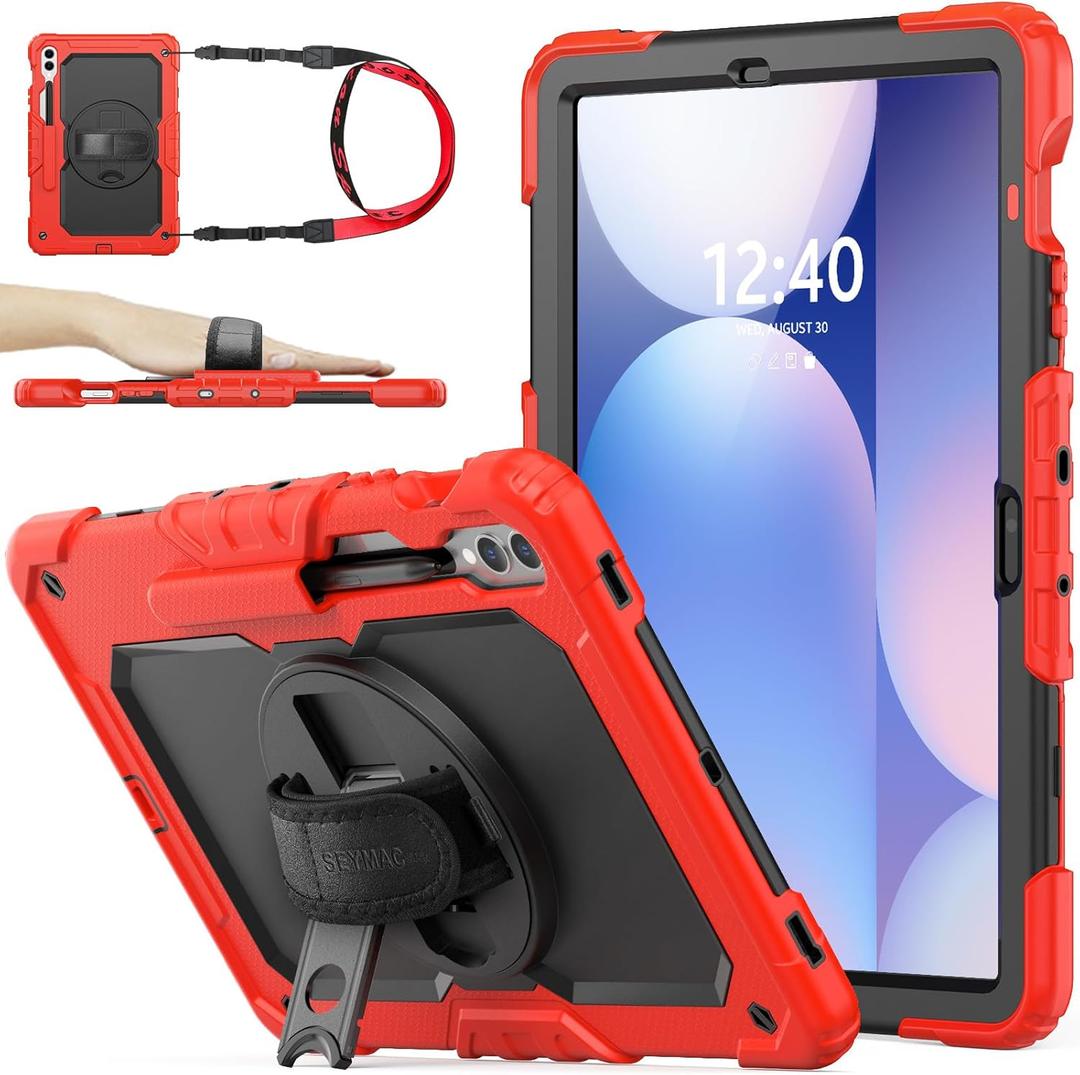 SEYMAC stock Case for Samsung Galaxy Tab S10 Plus/ S9 FE Plus/ S9 Plus 5G Tablet 12.4'' Case with Screen Protector Pencil Holder [360 Rotating Hand Strap] & Stand, Drop-Proof, Red