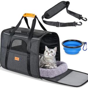Morpilot Cat Carrier - Cat Carrier Soft for Medium or Large Cats up to 20lbs, with Dual-Sided Cushion, Secure Buckle and Foldable Bowl, Dog Carriers for Small Dogs - Pet Carrier (Dark Gray) (17.3"L x 12.2"W x 13.4"H)