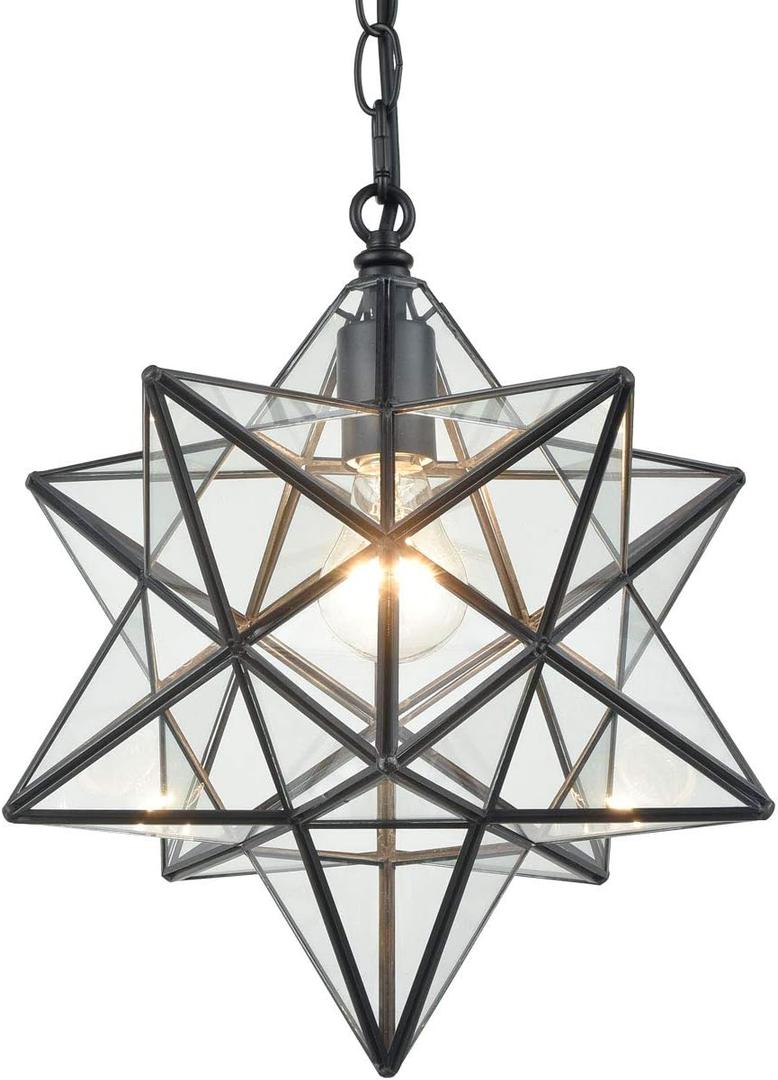 14'' Moravian Star Pendant Light Clear Glass Shade Hanging Star Lights with Adjustable Chain-E26 Dimmable Hanging Light for Kitchen Bedroom Entryway Foyer