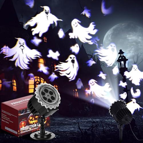 Lingvee Halloween Projector Light with 1 Film Slides Holiday LED Projector Lights Outdoor Reflectors Waterproof Landscape Decorative Rotation Lighting Movement Projection Lamp(Ghost)