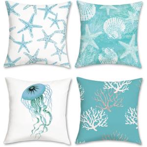 Bonhause Turquoise Coastal Pillow Covers 18x18 Inch Set of 4 Beach Starfish Seashell Ocean Coral Jellyfish Pillow Cases Soft Velvet Outdoor for Sofa Couch Car Bedroom Home Decor