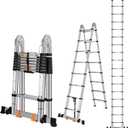 Telescoping Ladders 16.5FT A Frame Stainless Steel Folding Extension Ladder, with Anti-Slip Balance Bar & Movable Wheel, Multi Position Collapsible Ladder for Outdoor Indoor, 330lbs Max Capacity