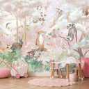 Kids Safari Wallpaper Butterfly Fox Forest Animal Wallpaper Mural with Pink Background for Girl's Room Decoration(Not Self-Adhesive) (170" x 120")