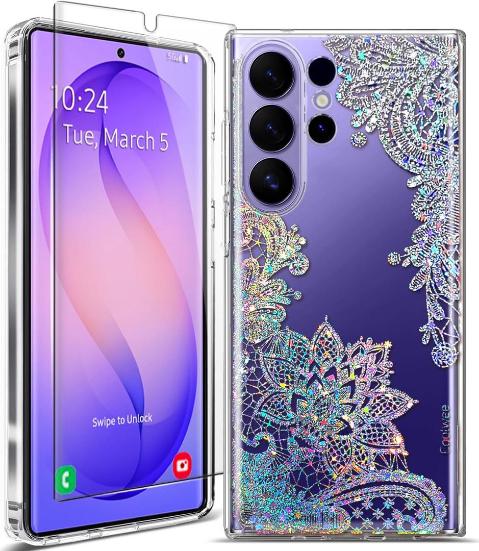 Clear Glitter for Samsung Galaxy S26 Ultra Case, Slim Shockproof Thin Flower Cute Crystal Lace Bling Women Hard Back Soft TPU Bumper Protective Cover for Samsung S26 Ultra Mandala Henna